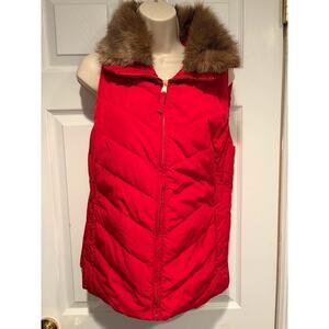 Talbots Red Down Puffer Vest Faux Fur Trim Hood Women’s Size M Zip Front